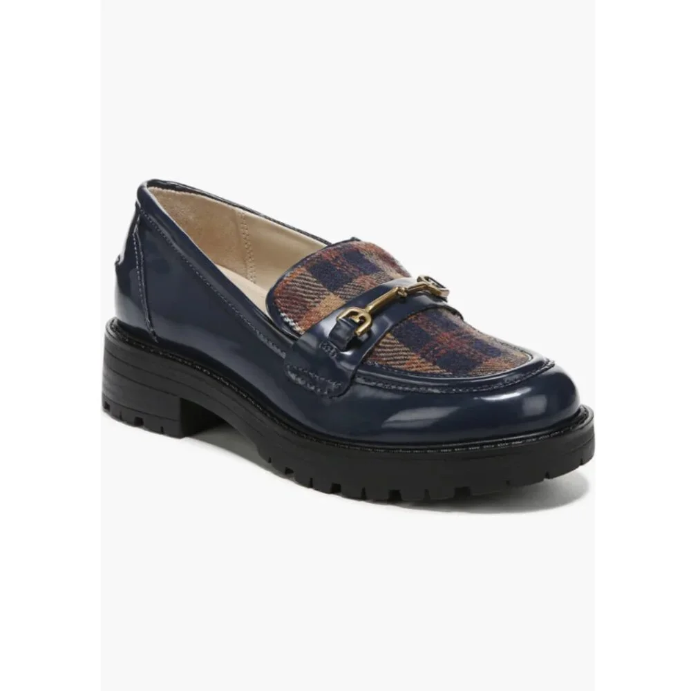 NWT SAM EDELMAN Kids Baltic Navy & Rust Tully Lug Sole Plaid Loafers Sz 4 - Picture 1 of 6